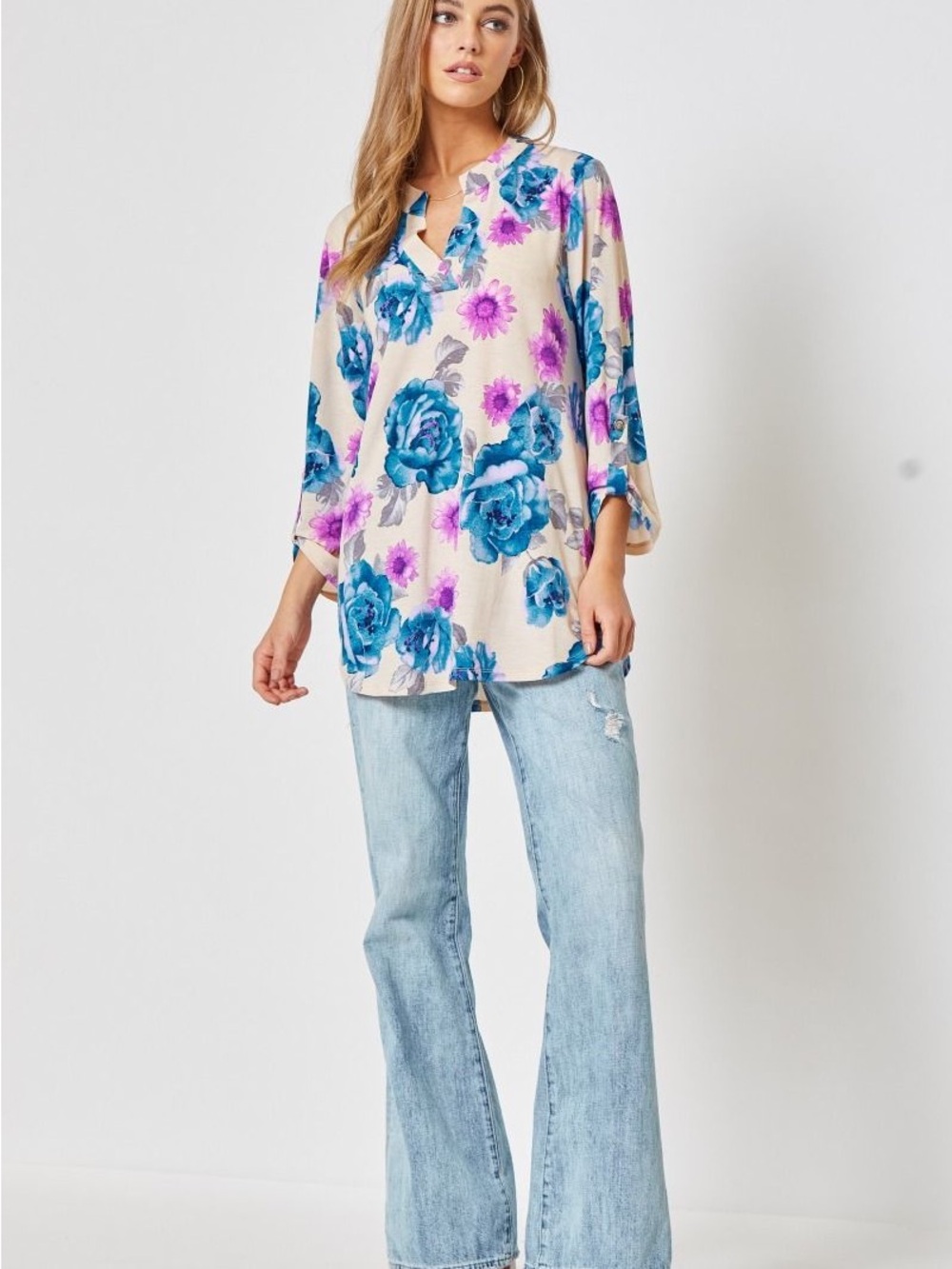 Scarlett Cream Button-Down blouse with Blue & Purple Floral Print